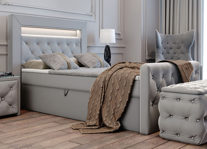 Boxspring - Boxspringbed met LED-verlichting en topper, in Farbe GRIJS Ansicht 1