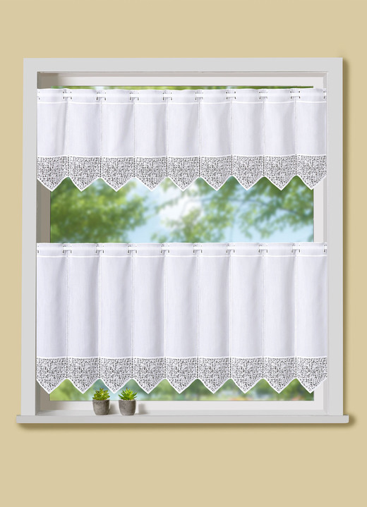 - Kort gordijn met elegante macramékant, in Größe 650 (15 x 74 cm) bis 678 (45 x 127 cm), in Farbe WIT