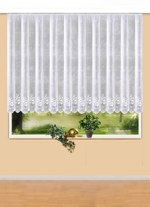 - Floraler Blumenfenster-Store mit Universalschienenband, in Größe 140 (H120xB300 cm) bis 185 (H175xB600 cm), in Farbe WEISS Ansicht 1