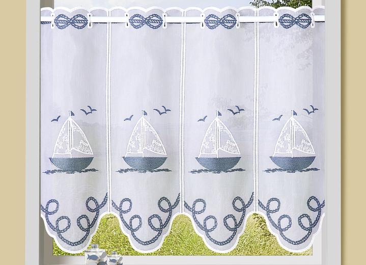 Kurzgardinen - Kurzstore aus besticktem Batist mit Stangendurchzug, in Größe 784 (H45xB 90 cm) bis 859 (H60xB155 cm), in Farbe WEISS-BLAU Ansicht 1