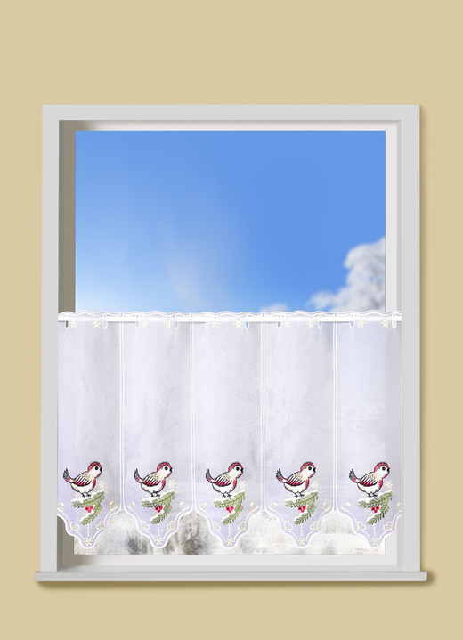 Korte gordijnen - Charmant kort gordijn met echt Plauen-borduurwerk, in Größe 661 (H 30 x B 95 cm) bis 829 (H50 x B160 cm), in Farbe WIT-MULTICOLOR