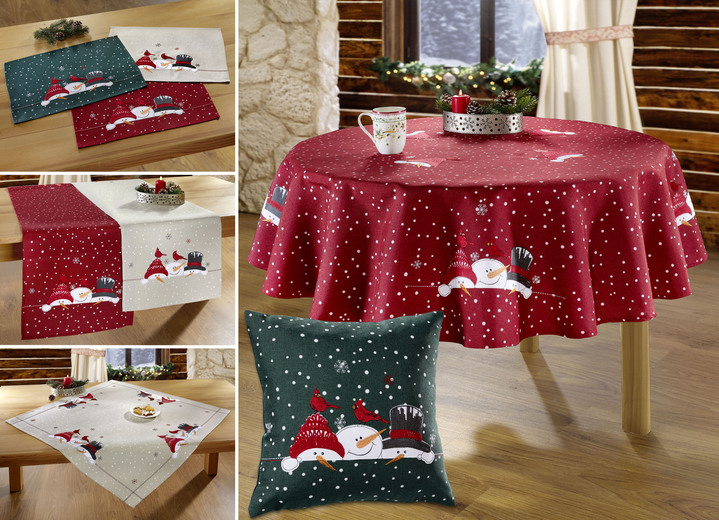Tafellakens - Magische tafel- en kamerdecoratie met sneeuwpopmotieven, in Größe 130 (Servetten, 35/50 cm) bis 404 (Kussensloop, 40/40 cm), in Farbe BORDEAUX Ansicht 1