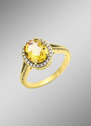 Damesring met echte citrien en diamanten Zirkonia