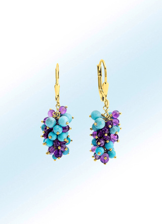 Druivenoorbellen met echte amethist en beh. Turquoise