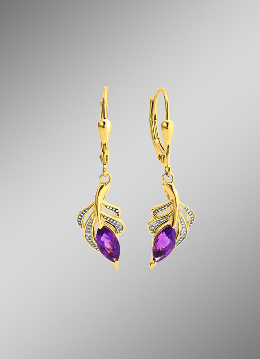 Oorbellen - Elegante oorbellen met amethist en 4 diamanten, in Farbe  Ansicht 1