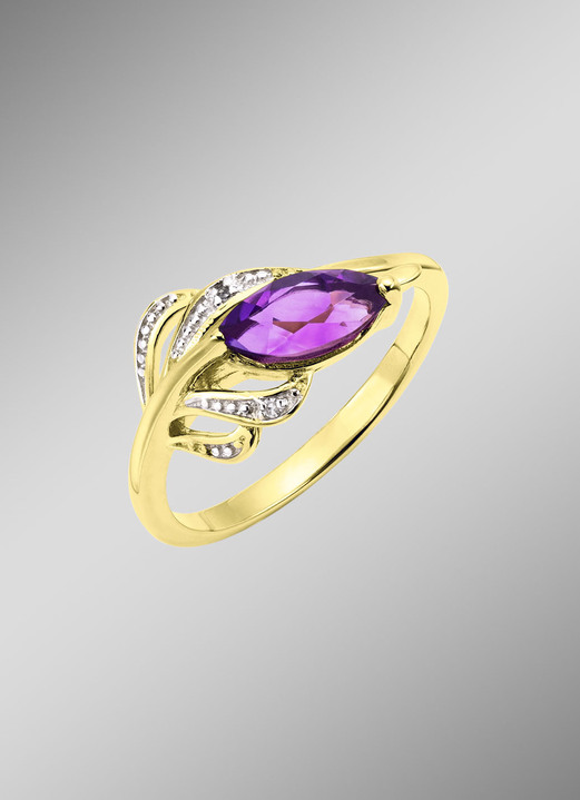Ringen - Elegante damesring met echte amethist en 2 diamanten, in Größe 160 bis 220, in Farbe  Ansicht 1