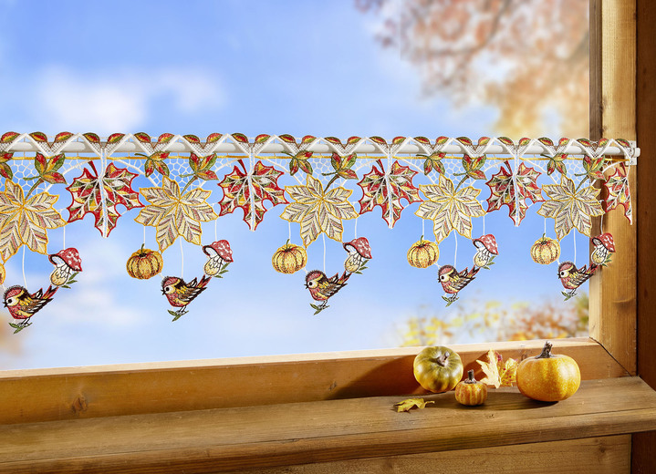 Korte gordijnen - Paaldecoratie herfstbladeren gemaakt van echt Plauenkant, in Größe 628 (H21 x 48 cm) bis 654 (H21xB96 cm), in Farbe MULTICOLOR