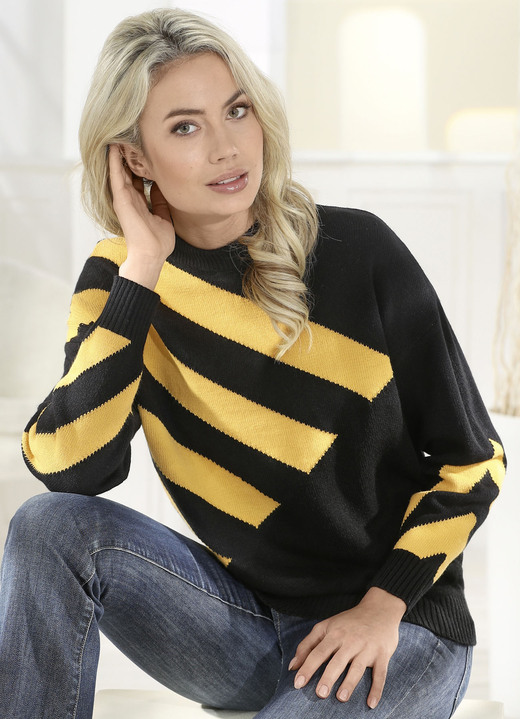 Lange mouw - Intarsia trui Lange mouw - Intarsia trui, in Größe 036 bis 052, in Farbe ZWART-GEEL