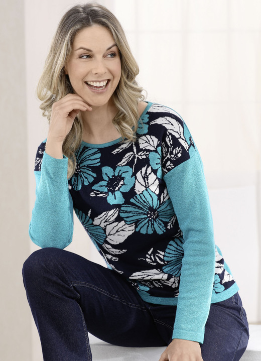 - Trui in jacquarddessin, in Größe 038 bis 054, in Farbe 02 BLAUW GEMÊLEERD-MARINE-ECRU