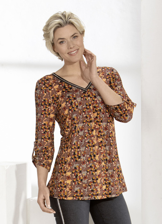 - Shirt met V-hals met decoratieve lintafwerking, in Größe 038 bis 052, in Farbe ORANJE-BORDEAUX Ansicht 1