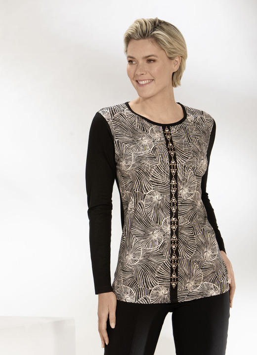 - Shirt met uitgebreide strass- en edelsteenversiering, in Größe 036 bis 050, in Farbe ZWART-BEIGE