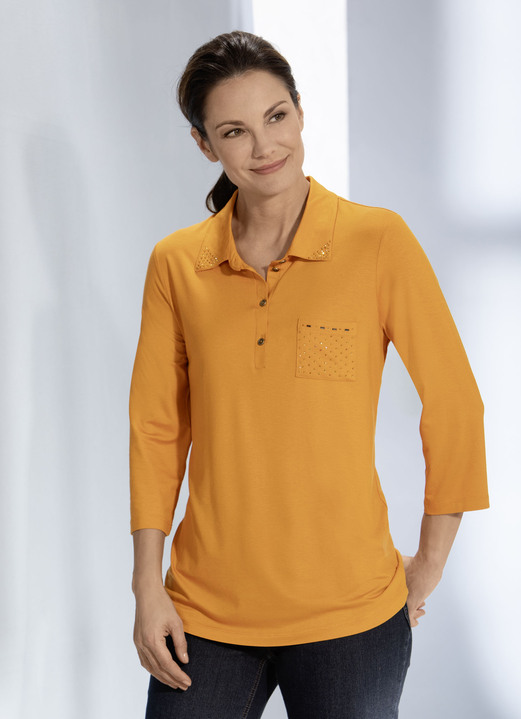 Shirts - Poloshirt met strassversiering op de polokraag in 3 kleuren, in Größe 036 bis 052, in Farbe MANDARIJN Ansicht 1