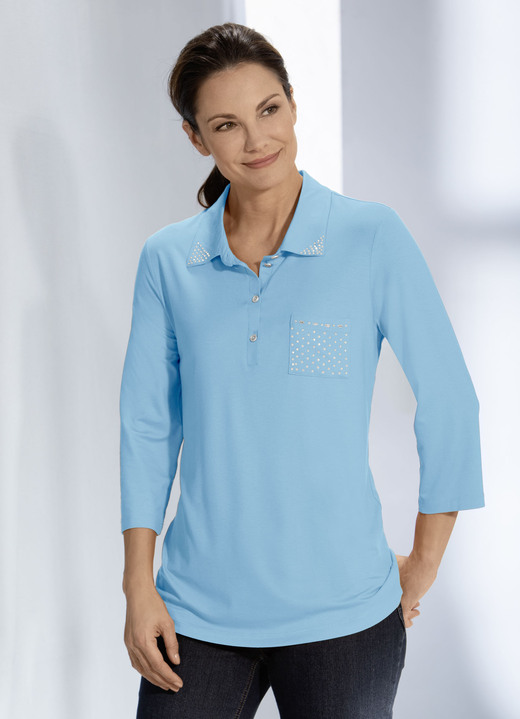 Shirts - Poloshirt met strassversiering op de polokraag in 3 kleuren, in Größe 036 bis 052, in Farbe LICHTBLAUW Ansicht 1