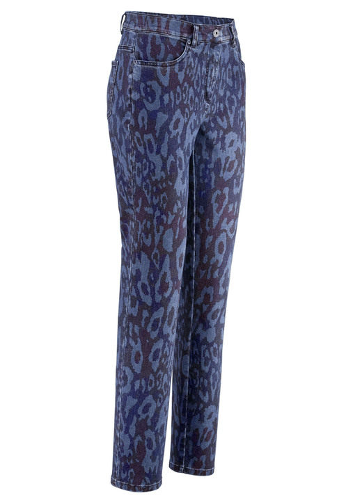 Broeken - Jeans met trendy dierenbontdessin, in Größe 017 bis 052, in Farbe DONKERBLAUW-JEANSBLAUW-BORDEAUXROOD Ansicht 1