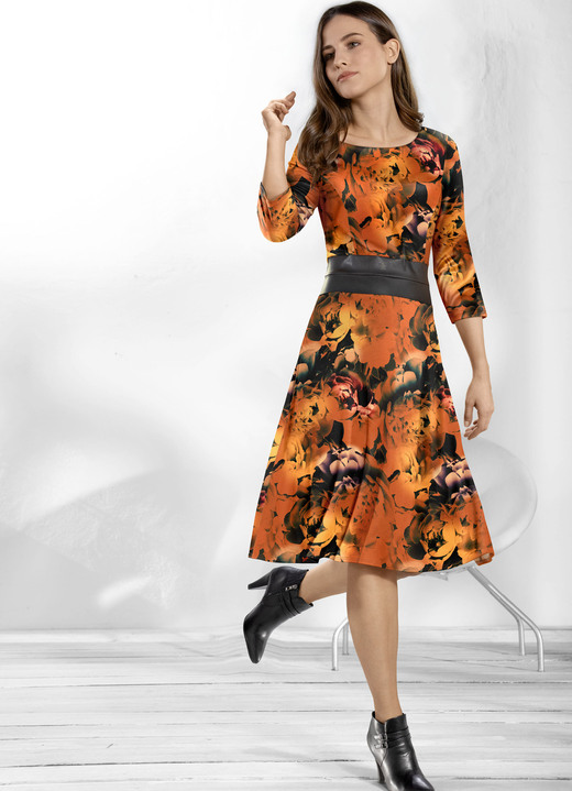 Jurken - Pull-on zwaai-jurk, in Größe 019 bis 054, in Farbe ORANJE-MEERKLEURIG