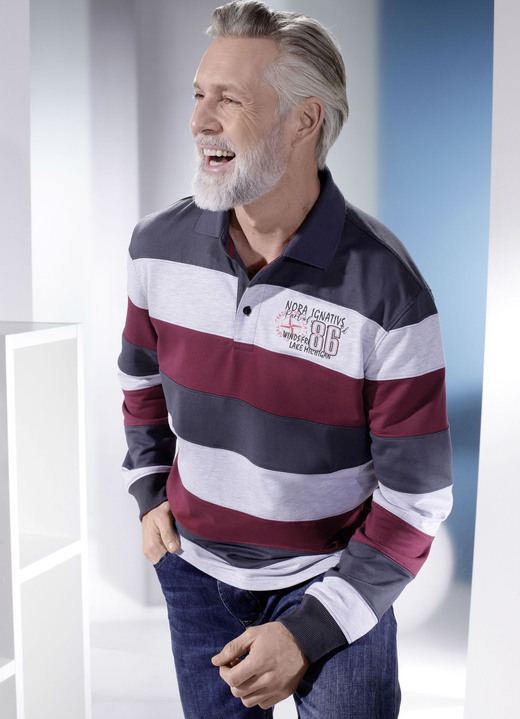 Sweatshirts - Poloshirt met korte knoopsluiting, in Größe 046 bis 062, in Farbe ANTRACIET-ZILVER-BORDEAUXROOD