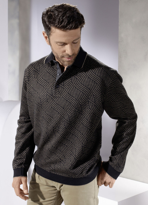 Sweatshirts - Poloshirt met korte knoopsluiting, in Größe 046 bis 056, in Farbe ZWART-BRUIN