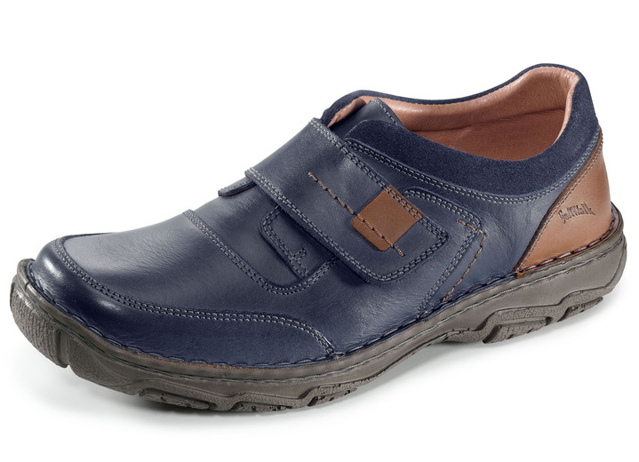 Instappers & veterschoenen - Klittenband slippers met contrasterende inzetstukken, in Größe 040 bis 046, in Farbe COGNAC BLAUW Ansicht 1