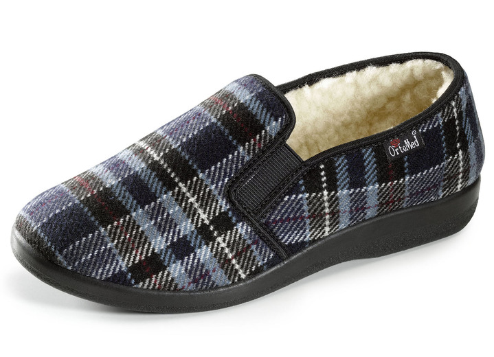 Huisschoenen - Gevoerde herenpantoffels, met wol, in Größe 040 bis 046, in Farbe BLAUW Ansicht 1