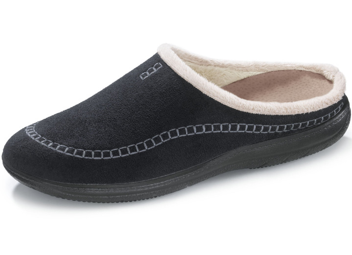 Huisschoenen - Velours pantoffels met decoratieve stiksels, in Größe 036 bis 042, in Farbe ZWART