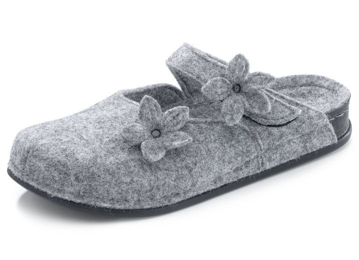 Huisschoenen - Slippers met leuke vilten bloemen, in Größe 036 bis 042, in Farbe GRIJS Ansicht 1