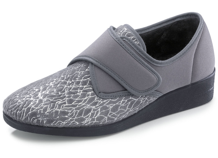 Huisschoenen - Laurina, klassieke damesschoenen met klittenband, met elastisch fluweel, in Größe 036 bis 042, in Farbe GRIJS Ansicht 1