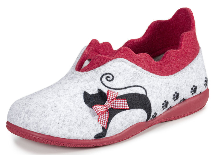 - Laurina vilten pantoffels met een brutale kattenprint, in Größe 036 bis 042, in Farbe IJSGRIJS-ROOD Ansicht 1