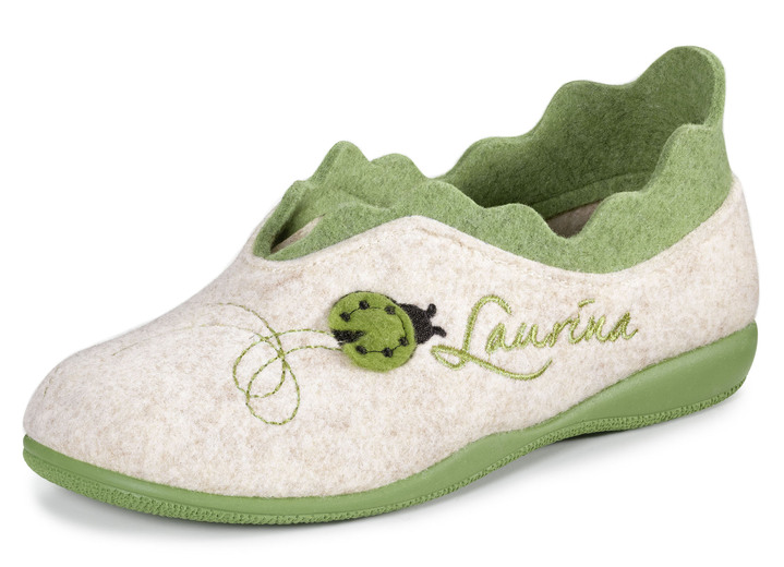 Huisschoenen - Laurina vilten pantoffels met fantasierijk borduurwerk, in Größe 036 bis 042, in Farbe ECRU-GROEN Ansicht 1