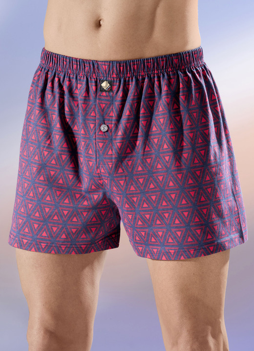 - Set van vier boxershorts, elastische tailleband, opening met knoop, in Größe 004 bis 012, in Farbe 3X ROOD-MARINEBLAUW, 1X UNI MARINE