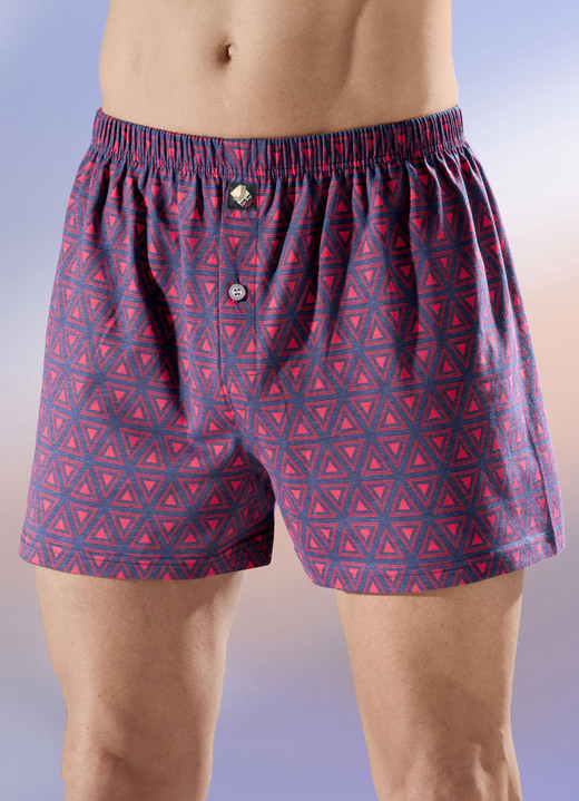 Pants & boxershorts - Vier-pack boxershorts, elastische tailleband, gulp met knoopsluiting, in Größe 004 bis 012, in Farbe 3X ROOD-MARINEBLAUW, 1X UNI MARINE
