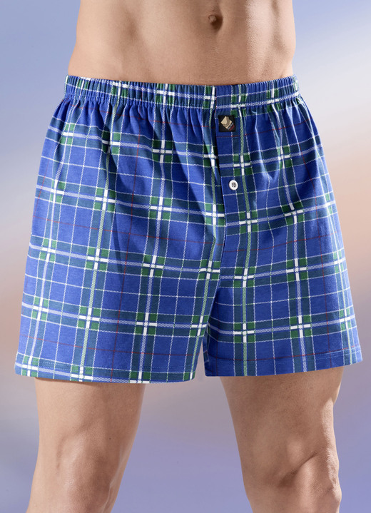 Ondergoed - Set van vier boxershorts, geruit, met knoopsluiting, in Größe 005 bis 014, in Farbe 2X KONINGSBLAUW KLEURRIJK, 2X GROEN-KLEURRIJK