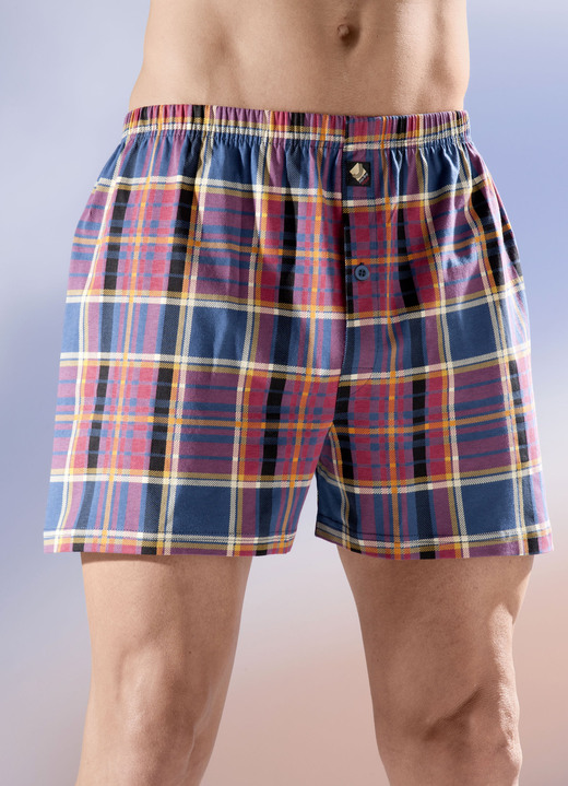 Pants & boxershorts - Vier-pack boxershorts, geruit ontwerp, opening met knopen, in Größe 005 bis 014, in Farbe 2 X BORDEAUXKLEURIG, 2 X GROEN