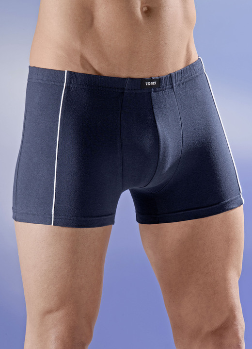 Pants & boxershorts - Vier stuks broeken met elastische tailleband en biezen, in Größe 3XL bis XXL, in Farbe 1 X MARINEBLAUW, 1 X DENIMBLAUW, 1 X GRIJS, 1 X ZWART