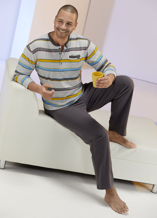 - Pyjama met knoopsluiting, opgestikte borstzak en gestreept design, in Größe 046 bis 062, in Farbe BLAUW-GRIJS-MULTICOLOR Ansicht 1