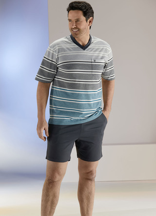Hajo ademende comfort shortama met V-hals en in het garen geverfd streepmotief
