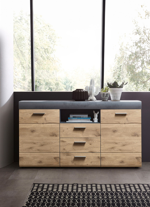 Sideboards - Sideboard met schuiflades en deuren voorzien van een Softclose-systeem en automatisch intrekmechanisme, in Farbe EIKENGRAFIET