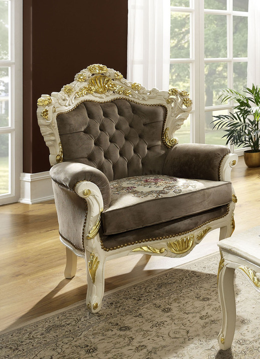 Gestoffeerde meubels - Decoratieve fauteuil met witte en goudkleurige verf, in Farbe WIT-GOUD, in Ausführung Fauteuil