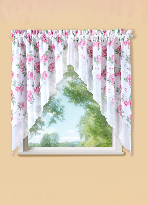 Korte gordijnen - 2-delig raamhangwerk met rozenmotief, in Größe 878 (80 x 80 cm) bis 892 (145 x 120 cm), in Farbe WIT-ROZE Ansicht 1
