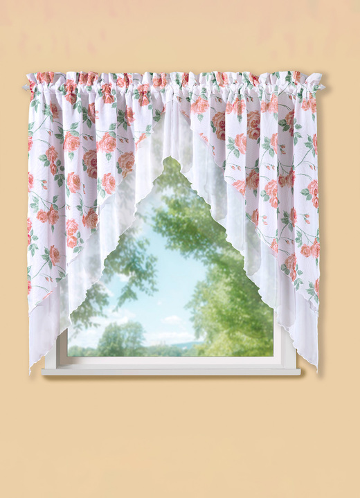 Korte gordijnen - 2-delige raamhanger met rozenmotief, in Größe 878 (80 x 80 cm) bis 892 (145 x 120 cm), in Farbe WIT-TERRA Ansicht 1