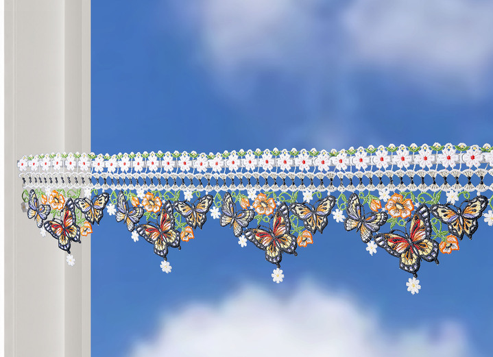 Korte gordijnen - Korte jaloezie gemaakt van Plauen-kant, in Größe 628 (H17xB 36 cm) bis 664 (H17xB 93 cm), in Farbe MULTICOLOR