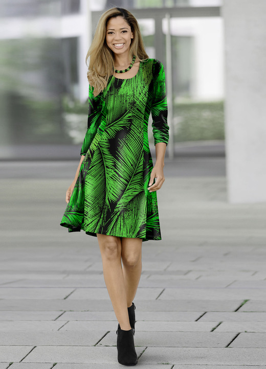 jurken - Jurk met palmbladmotief, in Größe 034 bis 050, in Farbe GROEN-ZWART