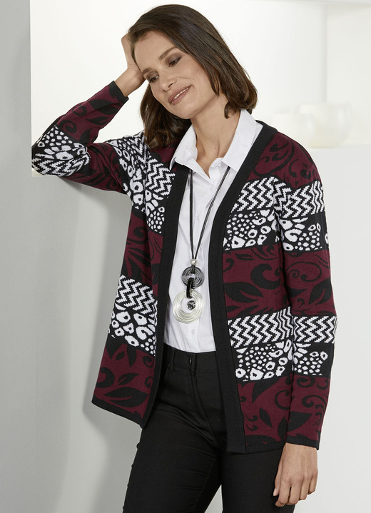 - Cardigan in jacquarddessin, in Größe 038 bis 054, in Farbe BORDEAUX-ZWART/WIT
