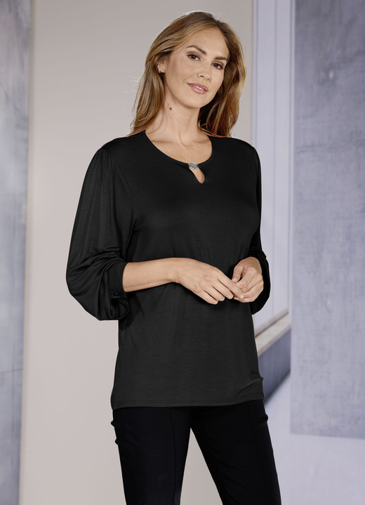 Shirts - Uitstekend overhemd met split en decoratieve versiering in 2 kleuren, in Größe 038 bis 048, in Farbe ZWART Ansicht 1