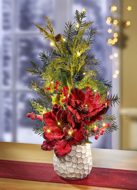 Kerstmis - Verlichte kerstster arrangement, in Farbe GROEN-ROOD