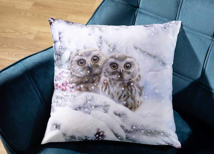 Decoratiekussens & slopen - Kussenhoes in fluwelen look met sneeuwuilmotief, in Farbe ECRU-MULTICOLOR
