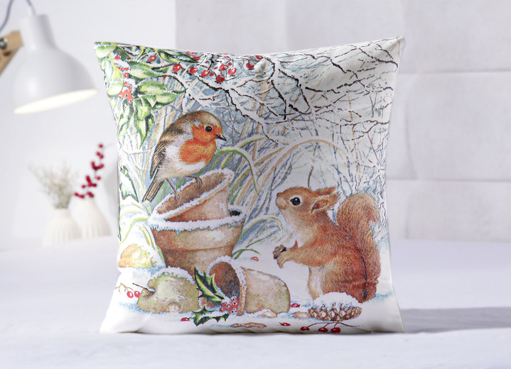 Dekokissen & Hüllen - Kissenbezug Eichhörnchen mit Vogel, in Farbe ECRU-BUNT Ansicht 1