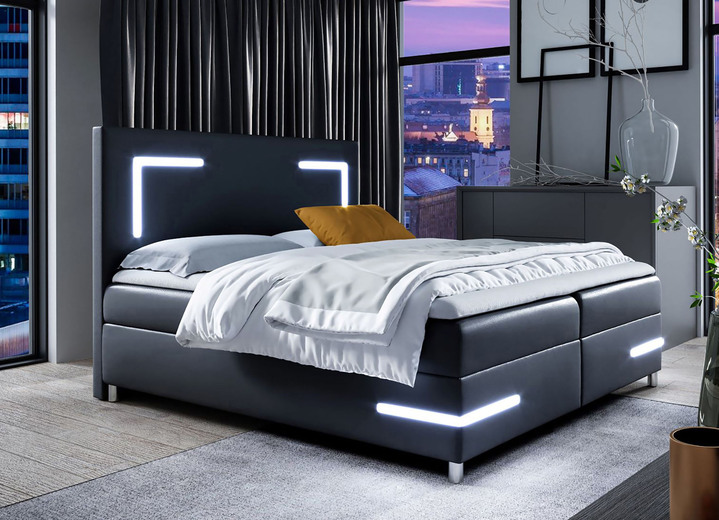 Boxspring - Boxspringbed met LED-verlichting en topper, in Farbe ZWART