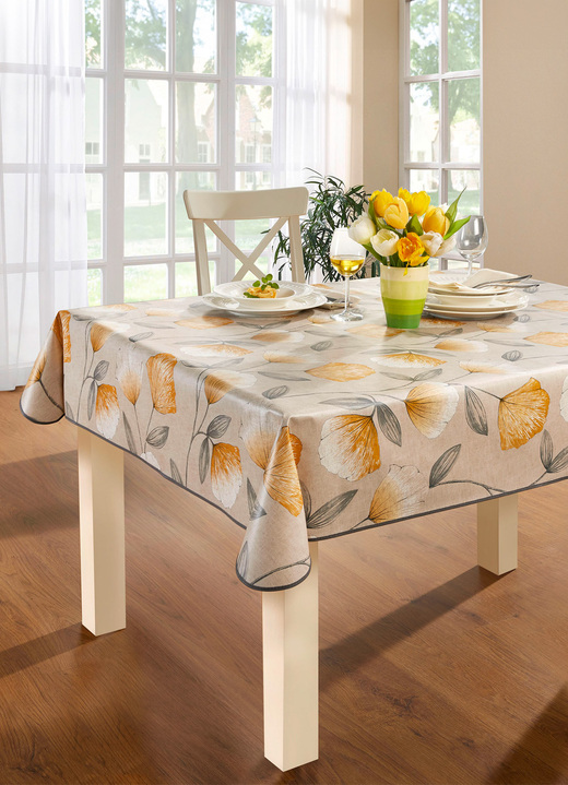 Tischdecken - Wachstuch-Tischdecke mit Ginkgo-Motiven, in Größe 108 (tafelkleed, 80/80 cm) bis 190 (Tafellaken ovaal, 140/190 cm), in Farbe TERRA Ansicht 1