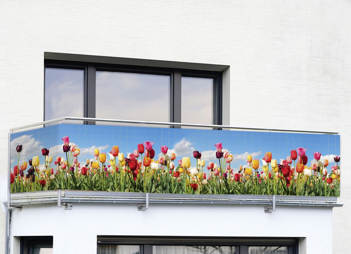 Inkijk- en zonwering - Balkonoverkapping met geïntegreerde metalen oogjes, in Farbe MULTICOLOR, in Ausführung Balkonhoes met tulpenweide Ansicht 1