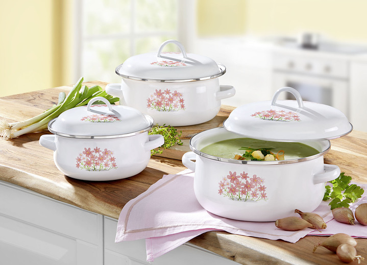 Potten & pannen - Emaille pannenset bestaande uit 3 kookpotten, in Farbe ZOMERBLOEMEN